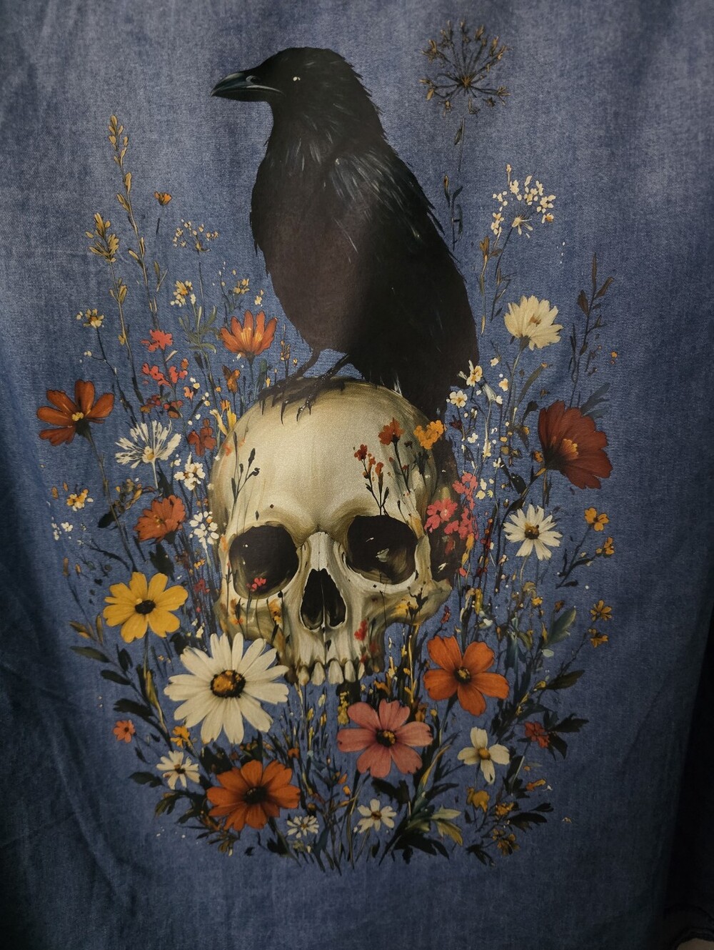 EUC Torrid Blue 100% Cotton Denim Shirt with Skull Crow Design On Back - Picture 3 of 7